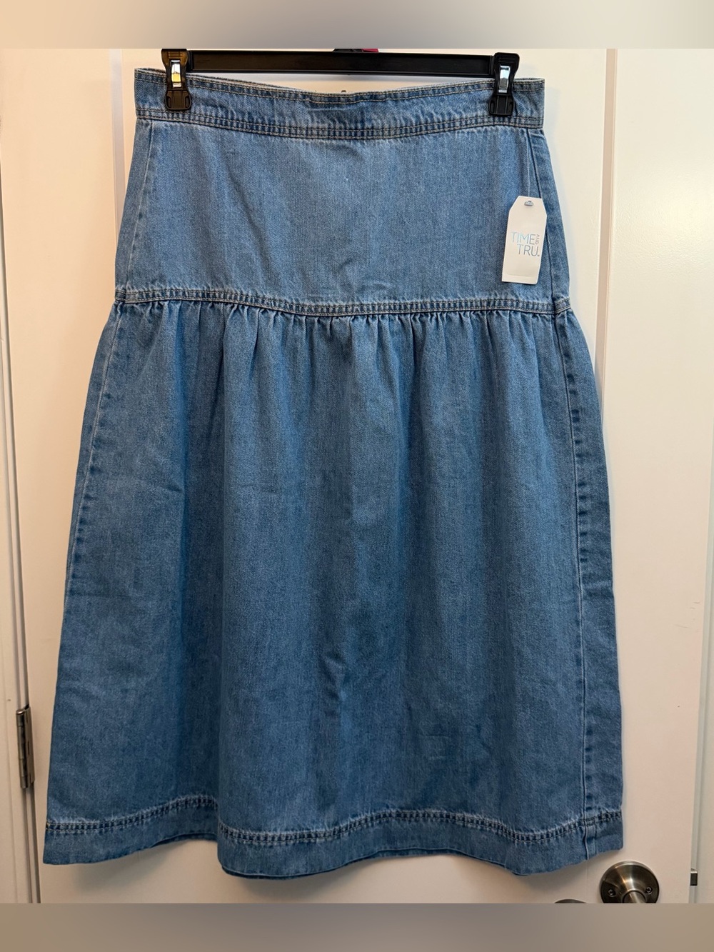 Size 10 Denim Tiered Midi Skirt - Light Blue